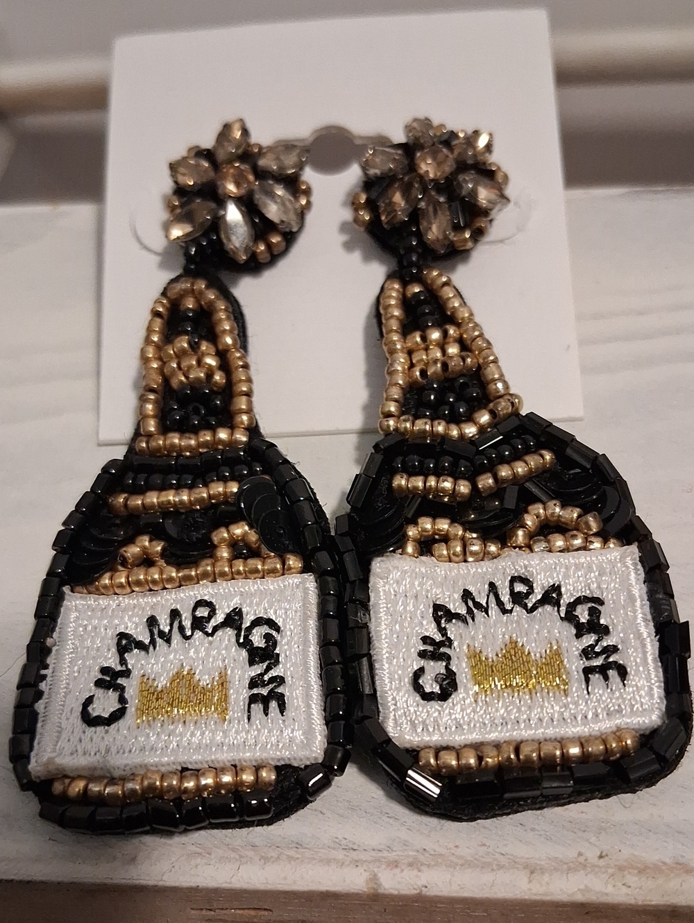 Black & Gold Beaded Champagne Bottle Statement Earrings